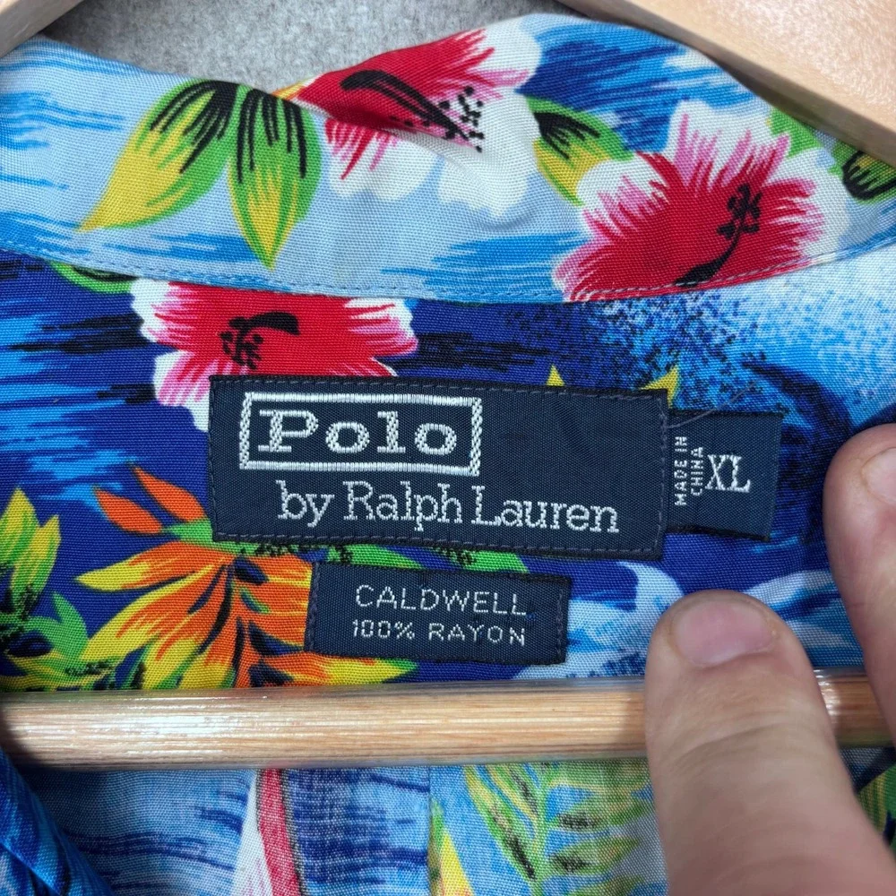 VTG 90s Polo Ralph Lauren Hawaiian Shirt Mens XL Blue 100% Rayon Floral Caldwell